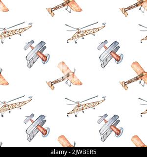 Retro air planes vintage style watercolor illustration seamless pattern isolated. Aircraft, biplane vintage style hand painted. Cute childish design e Stock Photo