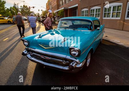 A classic blue 1957 Chevrolet Bel Air coupe on display in downtown Auburn, Indiana, USA. Stock Photo