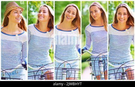 Outdoors is where Im happiest. Composite image of an attractive young woman cycling through the park. Stock Photo