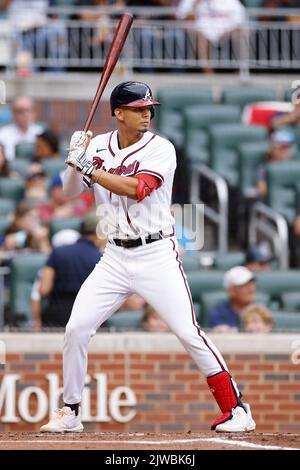 Atlanta Braves second baseman Vaughn Grissom (18) is shown against the  Colorado Rockies during a baseball game Tuesday, Aug. 30, 2022, in Atlanta.  (AP Photo/John Bazemore Stock Photo - Alamy