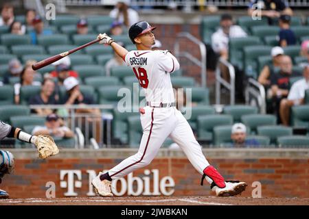 Atlanta Braves second baseman Vaughn Grissom (18) is shown against the  Colorado Rockies during a baseball game Tuesday, Aug. 30, 2022, in Atlanta.  (AP Photo/John Bazemore Stock Photo - Alamy