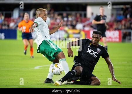 Washington, USA. 04th Sep, 2022. United defender Donovan Pines tackles Rapids forward Michael Barrios during a DC United vs Colorado Rapids Major League Soccer (MLS) match at Audi Field in Washington, DC, on Sunday, September 4, 2022. (Graeme Sloan/Sipa USA) Credit: Sipa USA/Alamy Live News Stock Photo