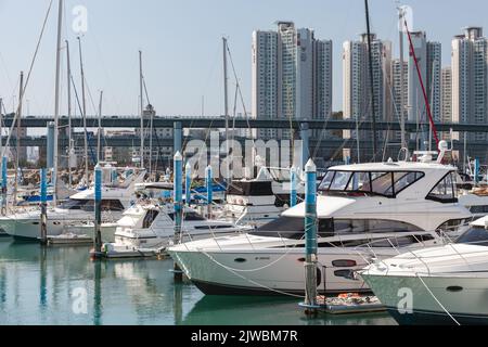 Busan, South Korea - March 17, 2018: Yachts are moored in marina of Busan Stock Photo