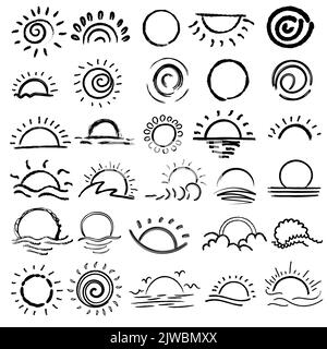 Hand-drawn sun, sun rays, a sketch of the sun, doodle style. Illustration of vector line art. Stock Vector