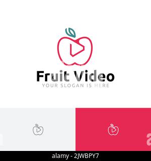 Fruit Video Apple Play Button Line Logo Stock Vector
