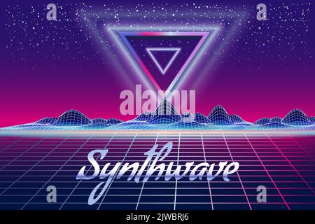 Synthwave retro banner vaporwave aesthetic background. Mountains triangle grid 3d, sunset 80's retrowave Stock Vector