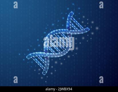 DNA spiral polygonal symbol with binary code background. Science concept design illustration. Blue Genetic helix low poly symbol with connected dots Stock Vector