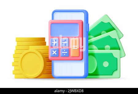 3D Smartphone with Money and Calculator. Stock Vector