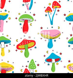 Mushrooms hand drawn pattern. Mushrooms background. Colored mushroom seamless pattern. Stock Vector