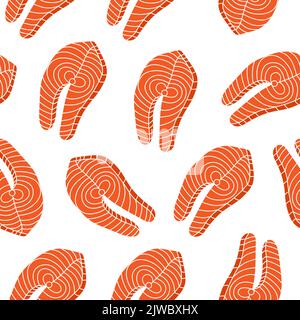 Fish salmon steak seamless pattern. Colored salmon steak background. Fresh trout hand drawn pattern Stock Vector