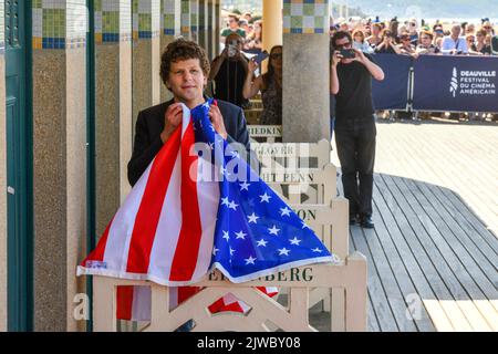 Jesse Eisenberg poses during the unveiling of his dedicated beach locker room on the Promenade des Planches during the 48th Deauville American Film Festival on September 04, 2022 in Deauville, France. Photo by Shootpix/ABACAPRESS.COM Stock Photo