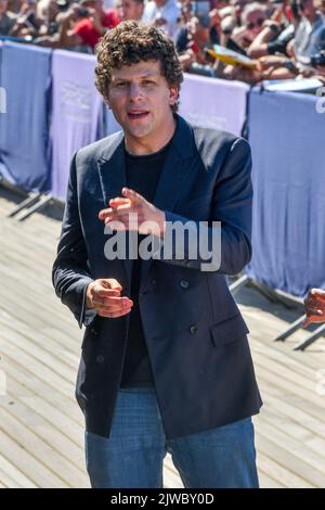 Jesse Eisenberg poses during the unveiling of his dedicated beach locker room on the Promenade des Planches during the 48th Deauville American Film Festival on September 04, 2022 in Deauville, France. Photo by Shootpix/ABACAPRESS.COM Stock Photo