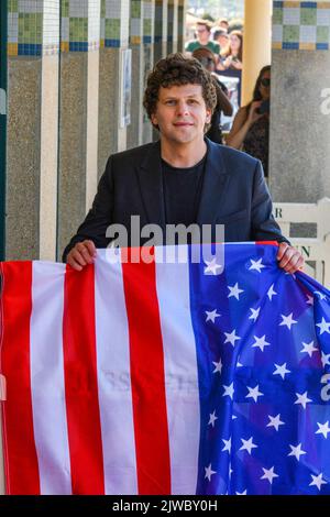 Jesse Eisenberg poses during the unveiling of his dedicated beach locker room on the Promenade des Planches during the 48th Deauville American Film Festival on September 04, 2022 in Deauville, France. Photo by Shootpix/ABACAPRESS.COM Stock Photo