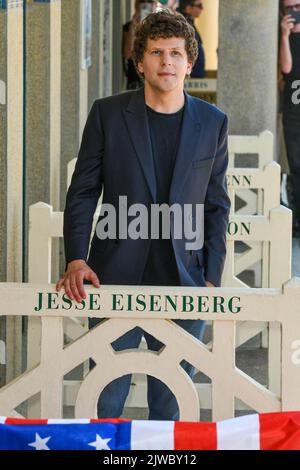 Jesse Eisenberg poses during the unveiling of his dedicated beach locker room on the Promenade des Planches during the 48th Deauville American Film Festival on September 04, 2022 in Deauville, France. Photo by Shootpix/ABACAPRESS.COM Stock Photo