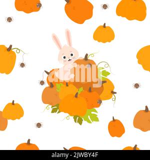 Seamless pattern with rabbit and pumpkins. Cute bunny with big autumn pumpkin harvest on white background with vegetables and funny spiders. Vector il Stock Vector