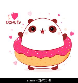 Cute little panda with donut. Square card with lovely fat panda and sweet bakery. Inscription I love donuts. Vector illustration EPS8 Stock Vector