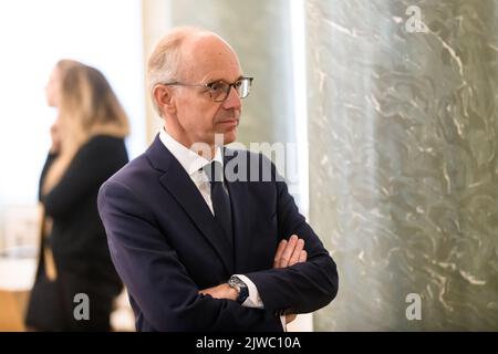 RIGA, LATVIA. 5th September 2022. Krisjanis Karins, Latvian PM meets with Luc Frieden (at photo), President of Eurochambres in Riga, Latvia. Credit: Gints Ivuskans/Alamy Live News Stock Photo