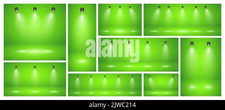 Empty green studio abstract backgrounds with spotlights. Product showcase backdrop with spotlight effect. Stage lighting. Vector illustration Stock Vector