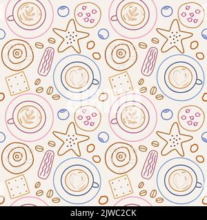 Cups of coffee and sweets in line art, doodle style. Coffee break pattern. Stock Vector