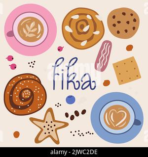 Set items for coffee break. Cups of coffee, sweets and word Fika. Stock Vector
