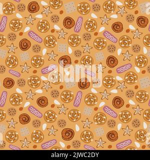 Cookies and buns seamless patern. Hand drawn sweets in sugar brown colours. Stock Vector