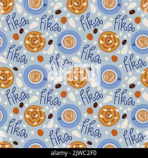 Fika seamless pattern. Cups of coffee top view, sweets and word Fika on blue background. Stock Vector