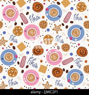 Fika seamless pattern. Cups of coffee, sweets and word Fika. Stock Vector