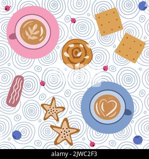 Cups of coffee, buns and cookies on geometric background. Coffee break seamless pattern. Stock Vector