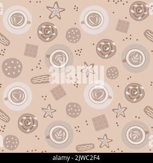 Coffee break pattern. Monochromatic seamless background. Hand drawn illustration in beige colours. Stock Vector