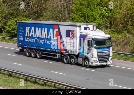 KAMMAC Ltd 'Logistics Through Innovation' Haulage vehicles.  DAF HGV Travelling on the M6 motorway UK Stock Photo