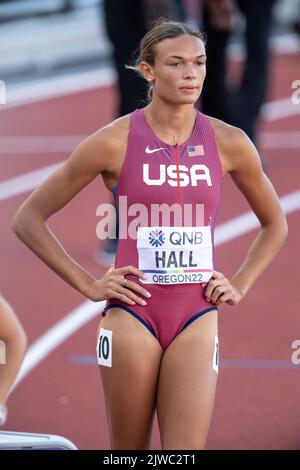 Anna Hall of the USA competing in the 800m Heptathlon at the World Athletics Championships, Hayward Field, Eugene, Oregon USA on the 18th July 2022. P Stock Photo