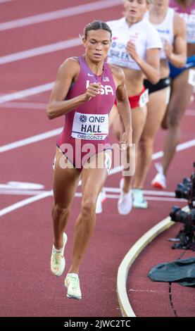 Anna Hall of the USA competing in the 800m Heptathlon at the World Athletics Championships, Hayward Field, Eugene, Oregon USA on the 18th July 2022. P Stock Photo