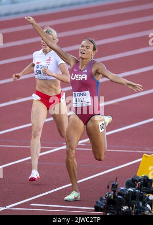 Anna Hall of the USA competing in the 800m Heptathlon at the World Athletics Championships, Hayward Field, Eugene, Oregon USA on the 18th July 2022. P Stock Photo