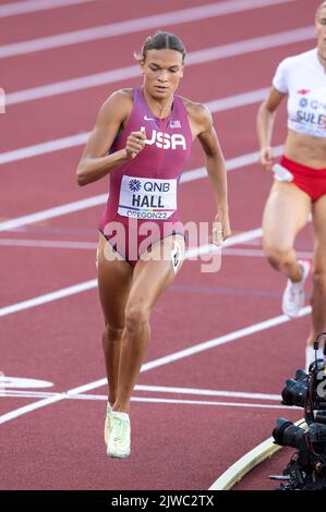 Anna Hall of the USA competing in the 800m Heptathlon at the World Athletics Championships, Hayward Field, Eugene, Oregon USA on the 18th July 2022. P Stock Photo