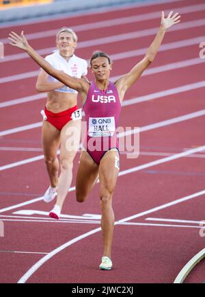 Anna Hall of the USA competing in the 800m Heptathlon at the World Athletics Championships, Hayward Field, Eugene, Oregon USA on the 18th July 2022. P Stock Photo