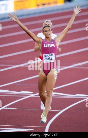 Anna Hall of the USA competing in the 800m Heptathlon at the World Athletics Championships, Hayward Field, Eugene, Oregon USA on the 18th July 2022. P Stock Photo