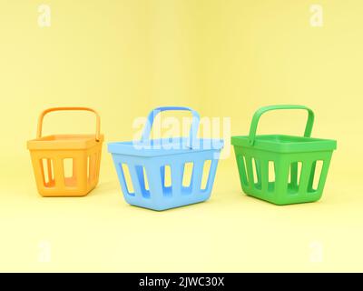 Multi-colors empty shopping baskets on yellow background. 3d rendering illustration. Stock Photo