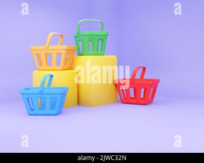 Multi-colors empty shopping baskets on purple background. 3d rendering illustration. Stock Photo