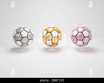 Set of colored soccer ball on white background. 3D Rendering. Colorful football design. Stock Photo