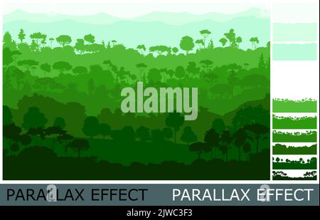 Summer landscape. Image from layers for overlay with parallax effect. Mountains forest. Sunny day. illustration Long away. Rainforest jungle tropic Stock Vector