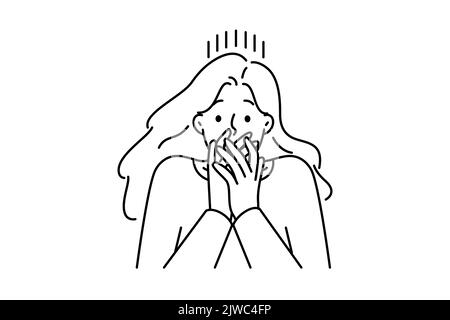 Woman shut mouth frustrated with fear or shock. Stunned female