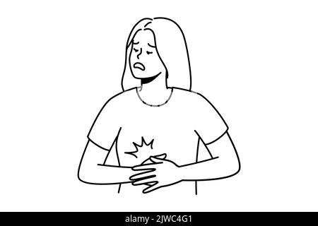 Unhealthy young woman suffer from acute stomachache. Unwell female struggle with belly pain or spasm. Healthcare. Vector illustration.  Stock Vector