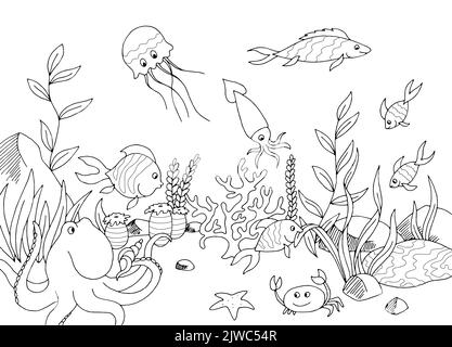 Underwater coloring graphic sea black white sketch illustration vector ...