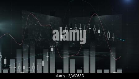 Image of statistics processing over screens with mathematical equations Stock Photo