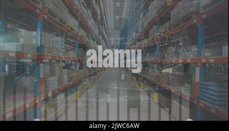 Image of statistics processing over mathematical equations and warehouse Stock Photo