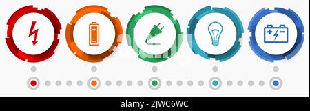 Power concept vector icon set, electricity modern design infographic template, technology colorful web buttons collection Stock Vector