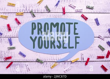 Text sign showing Promote Yourselfmarket and introduce to others Improvement Encourage. Word Written on market and introduce to others Improvement Stock Photo