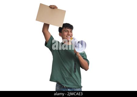 Young peruvian man smiling holding a board and megaphone, isolated. Stock Photo