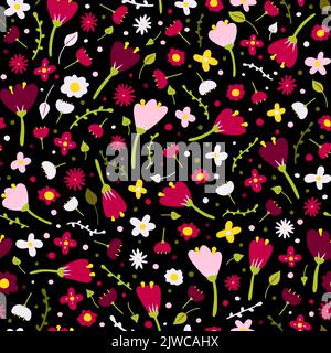 Seamless cartoon abstract flower pattern. Color floret on black background. Hand-drawn plant, petal. Stylized peonies, rose, tulip, chamomile. Summer Stock Vector