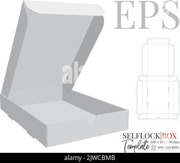 Open box template, vector with die cut, laser cut layers. Self lock delivery box. White, blank, clear, isolated box mock up on white background Stock Vector